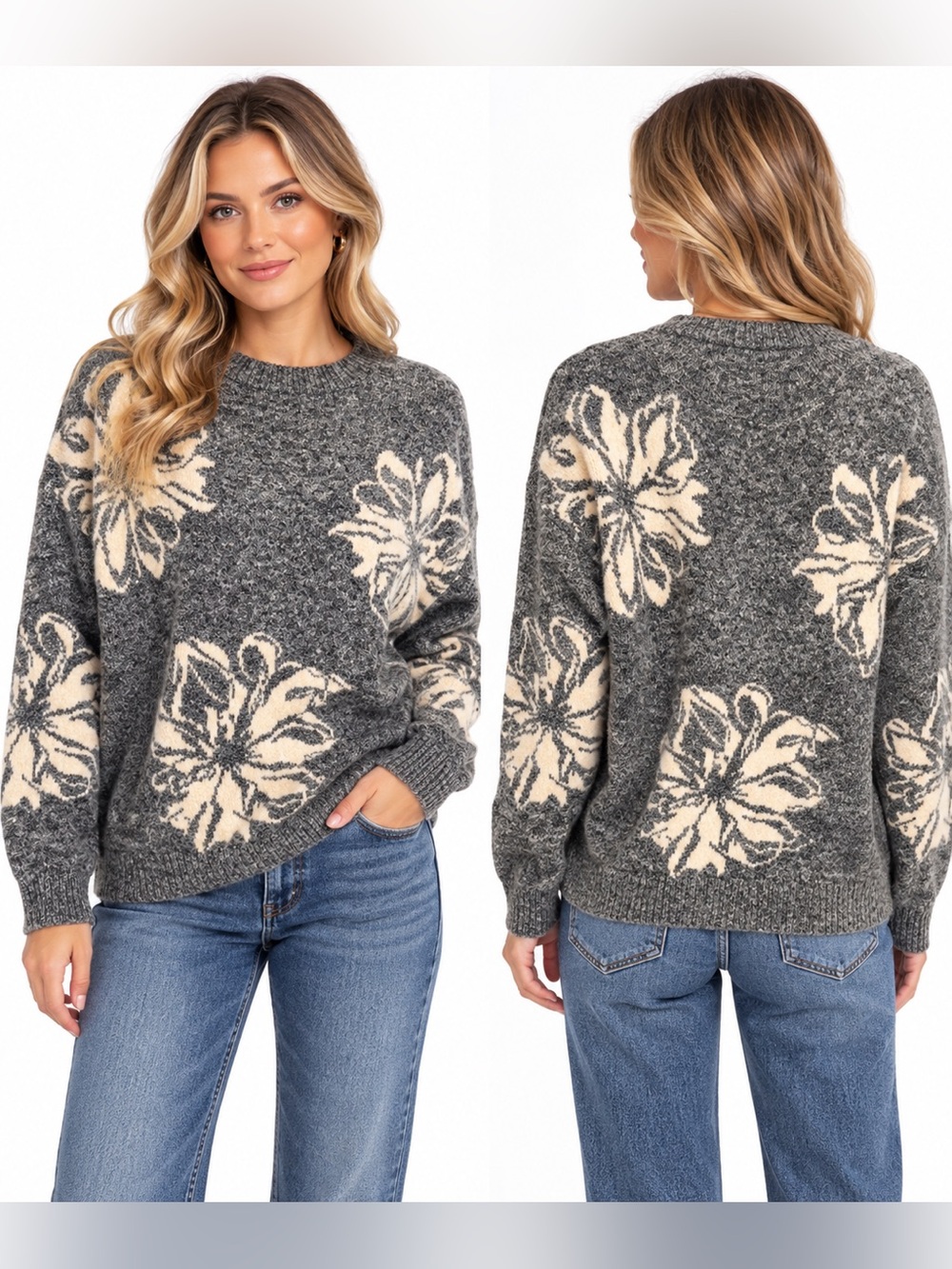 b.young Floral Sweater Gray & Cream Medium